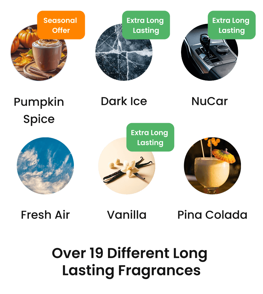 Over 19 different long lasting fragrances including Pumpkin Spice, Dark Ice, Vanilla, and more